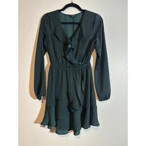 Express Womens Size XS Faux Wrap V-Neck Long Sleeve Fit & Flare Dress Green Mini
